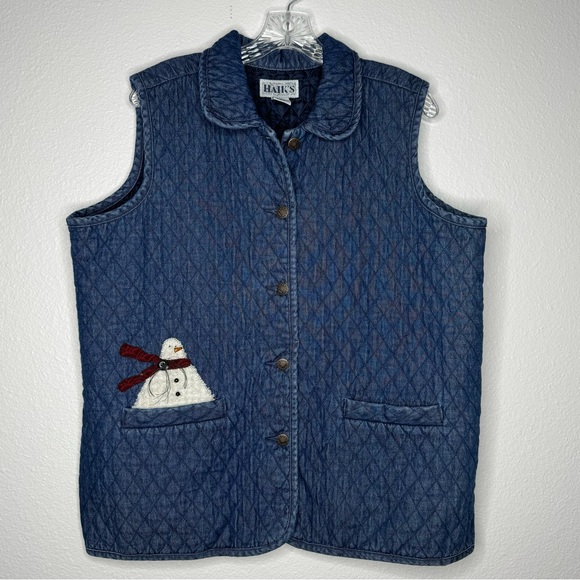 Haiks Vintage Embroidered Appliqué Snowman Quilted‎ Denim Vest Size XL - Picture 1 of 5